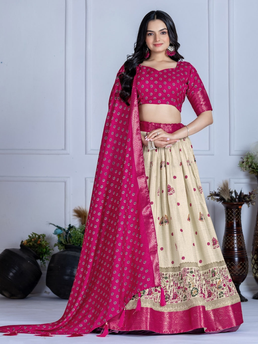 Monteliv Pink Jacquard Lehenga Set