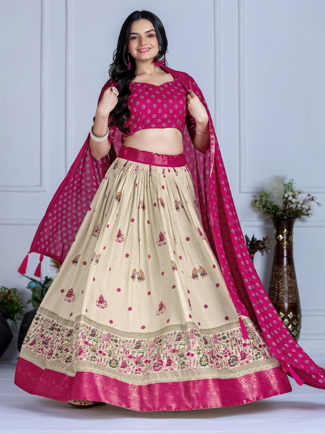 Monteliv Pink Jacquard Lehenga Set