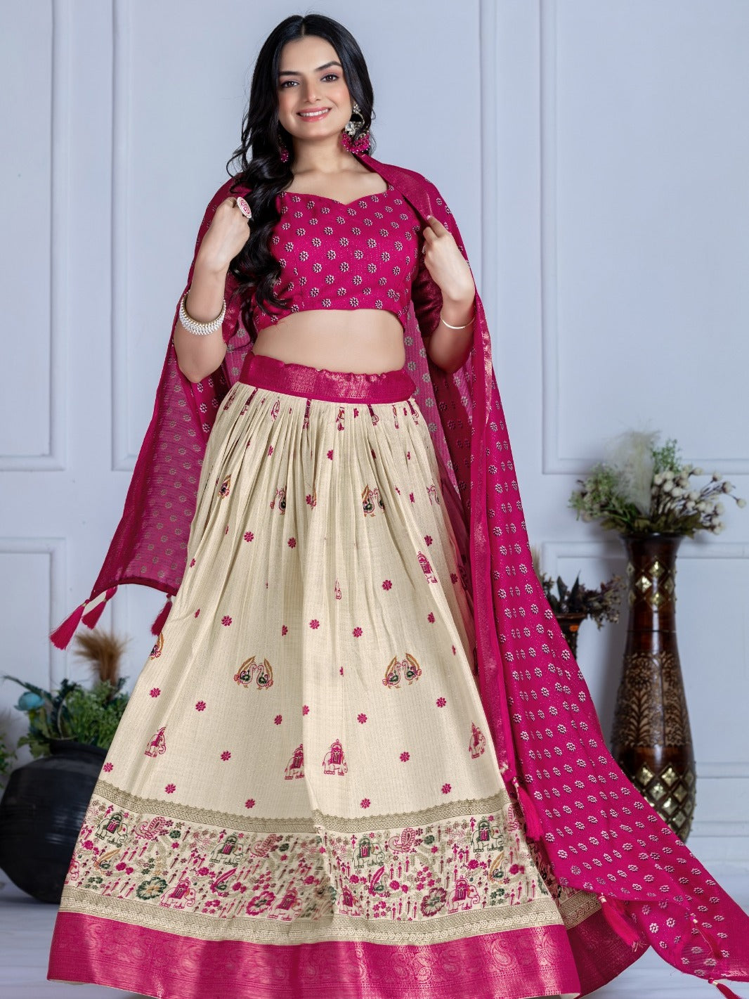 Monteliv Pink Jacquard Lehenga Set