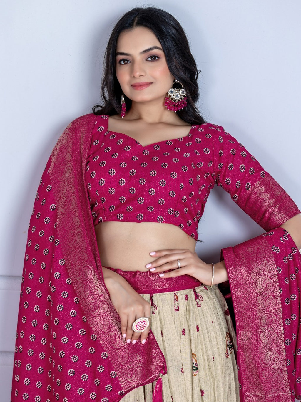 Monteliv Pink Jacquard Lehenga Set