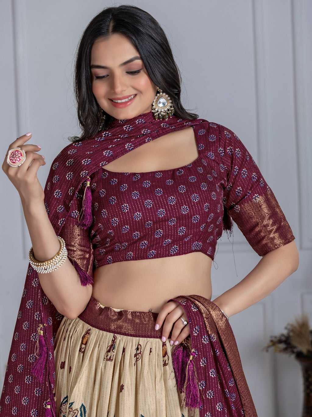 Monteliv Wine Jacquard Lehenga Set