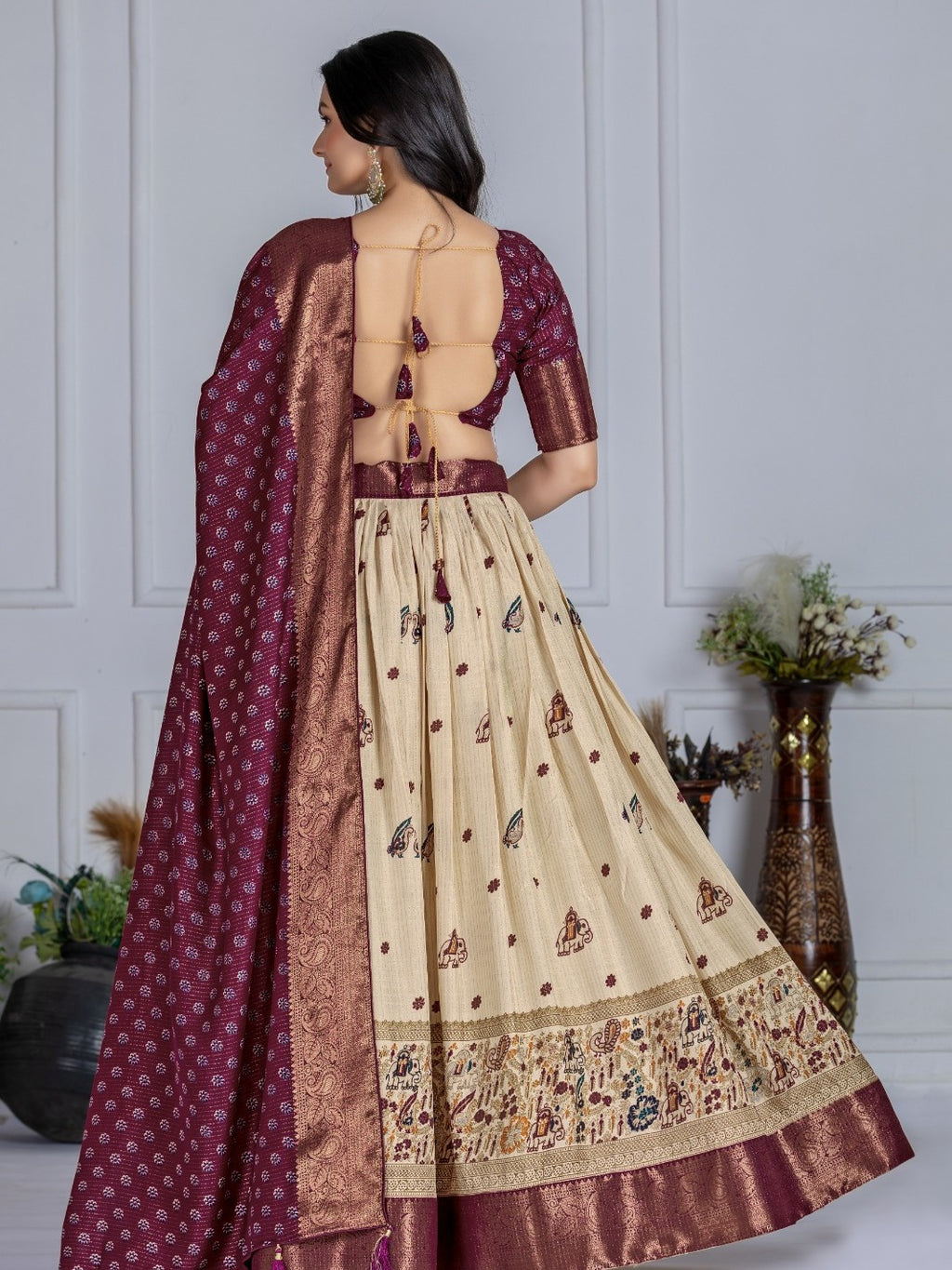 Monteliv Wine Jacquard Lehenga Set