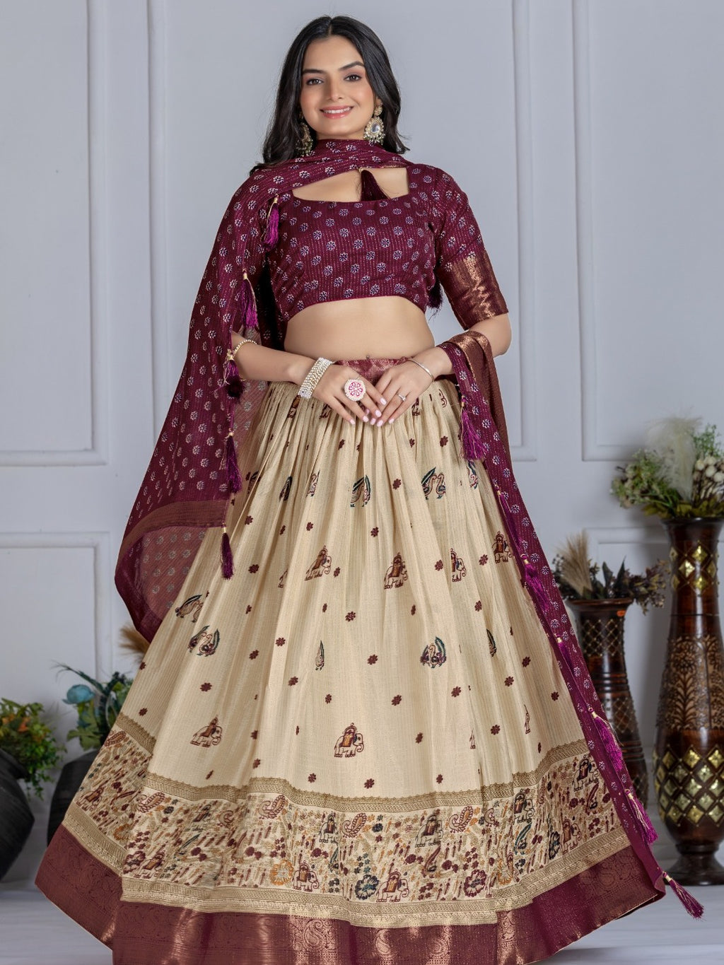 Monteliv Wine Jacquard Lehenga Set