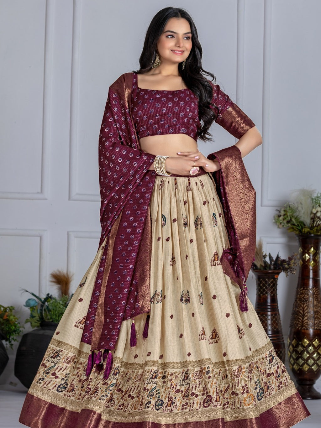 Monteliv Wine Jacquard Lehenga Set