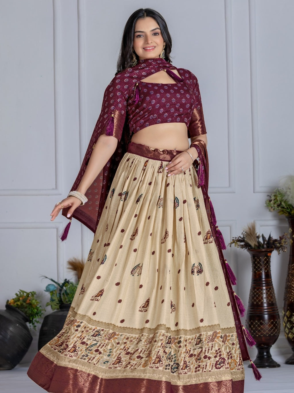 Monteliv Wine Jacquard Lehenga Set