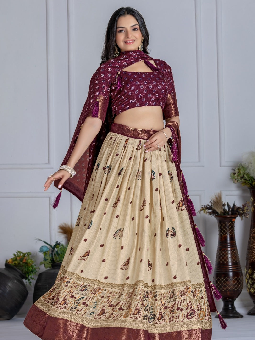 Monteliv Wine Jacquard Lehenga Set