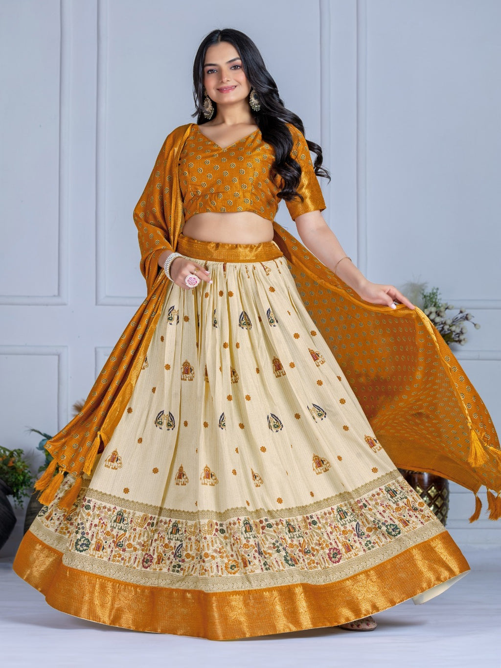Monteliv Yellow Jacquard Lehenga Set