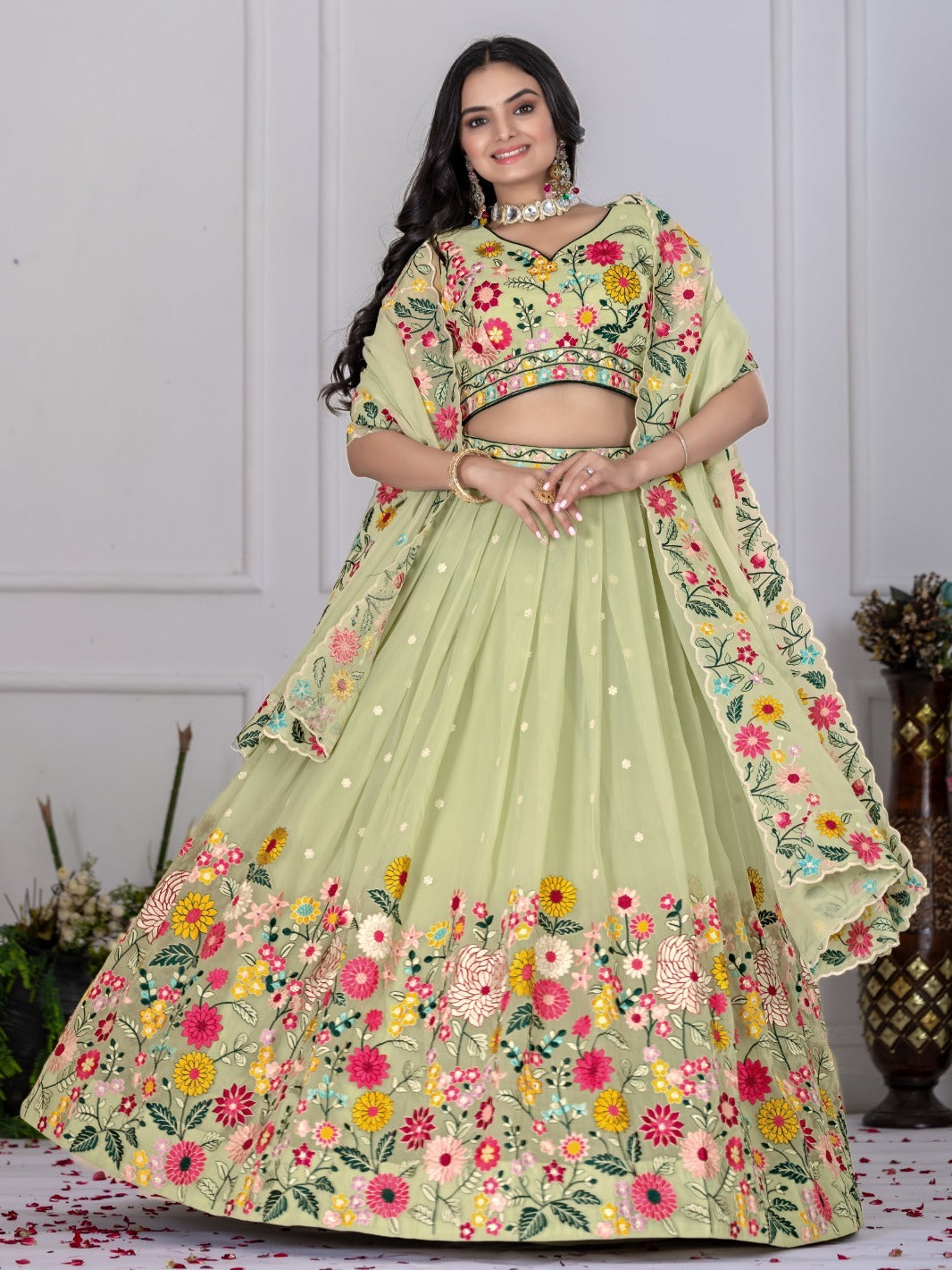 Pastel Green Embroidered Lehenga Set