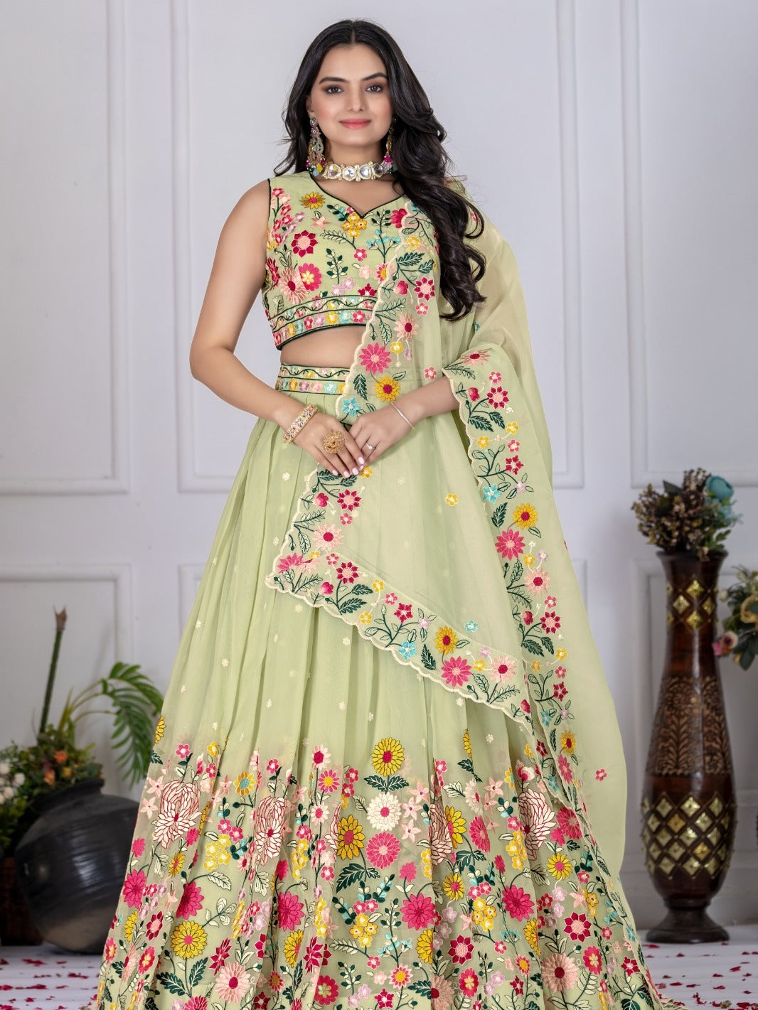 Pastel Green Embroidered Lehenga Set