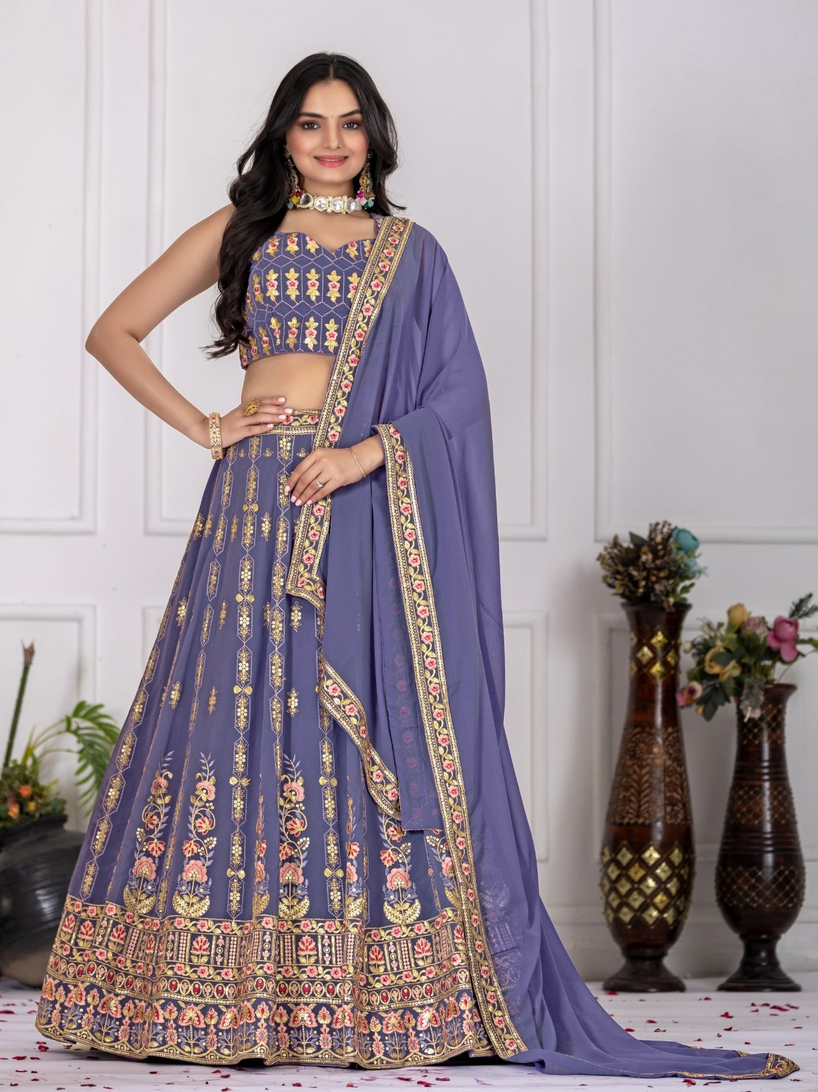 Lavender Embroidered Lehenga Set