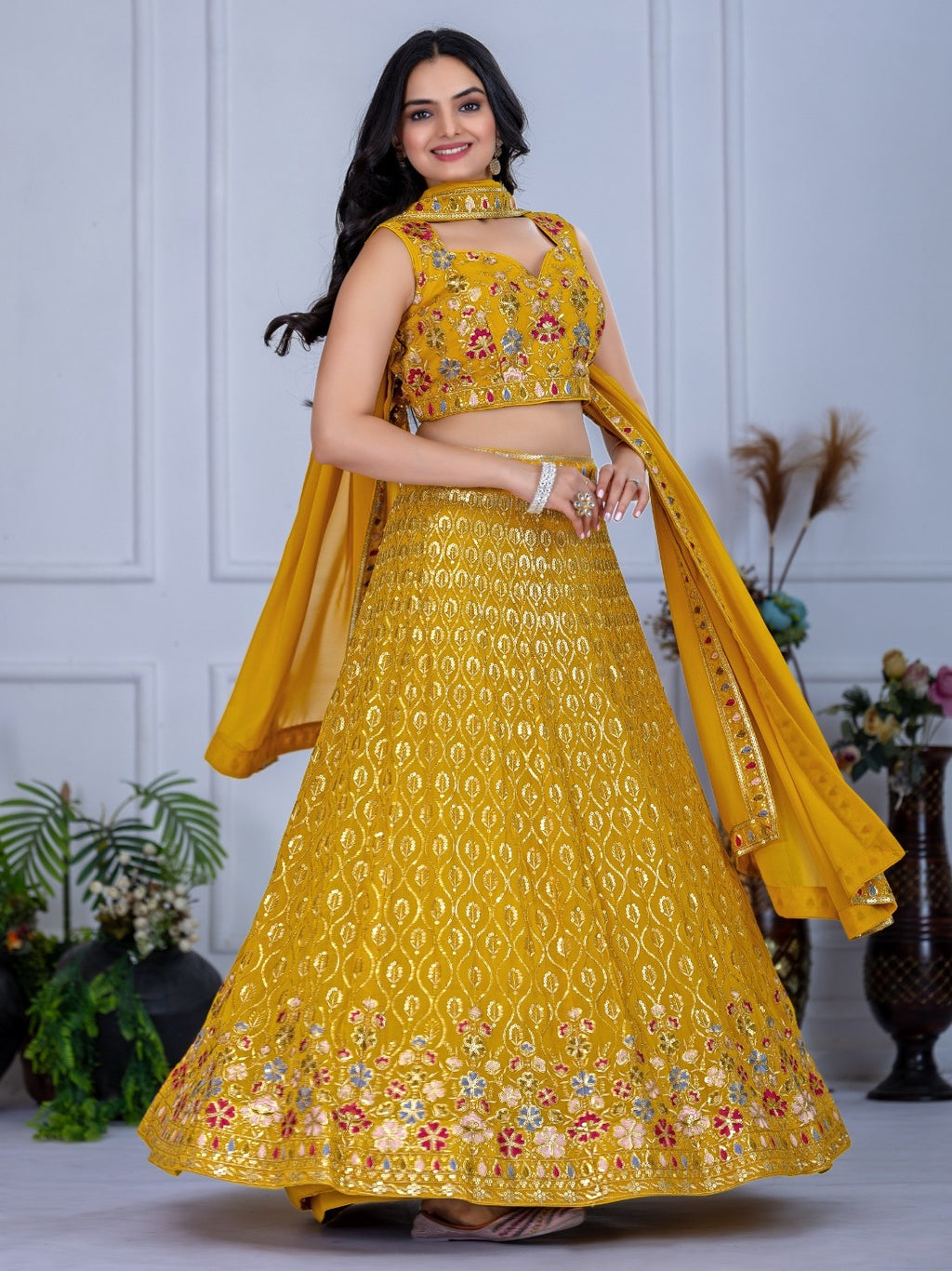 Monteliv Fox Georgette Semi-Stitched Lehenga Choli Set – Yellow
