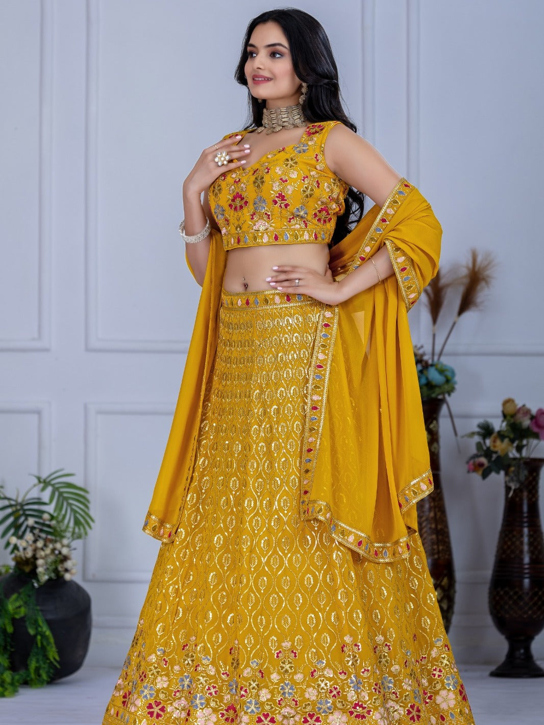 Monteliv Fox Georgette Semi-Stitched Lehenga Choli Set – Yellow