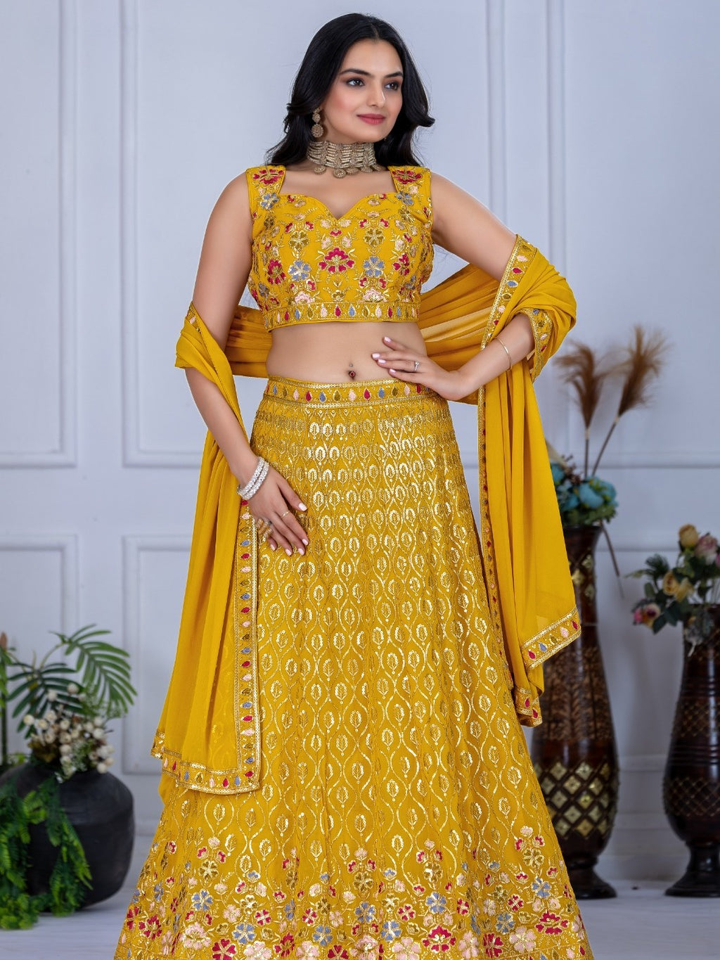 Monteliv Fox Georgette Semi-Stitched Lehenga Choli Set – Yellow