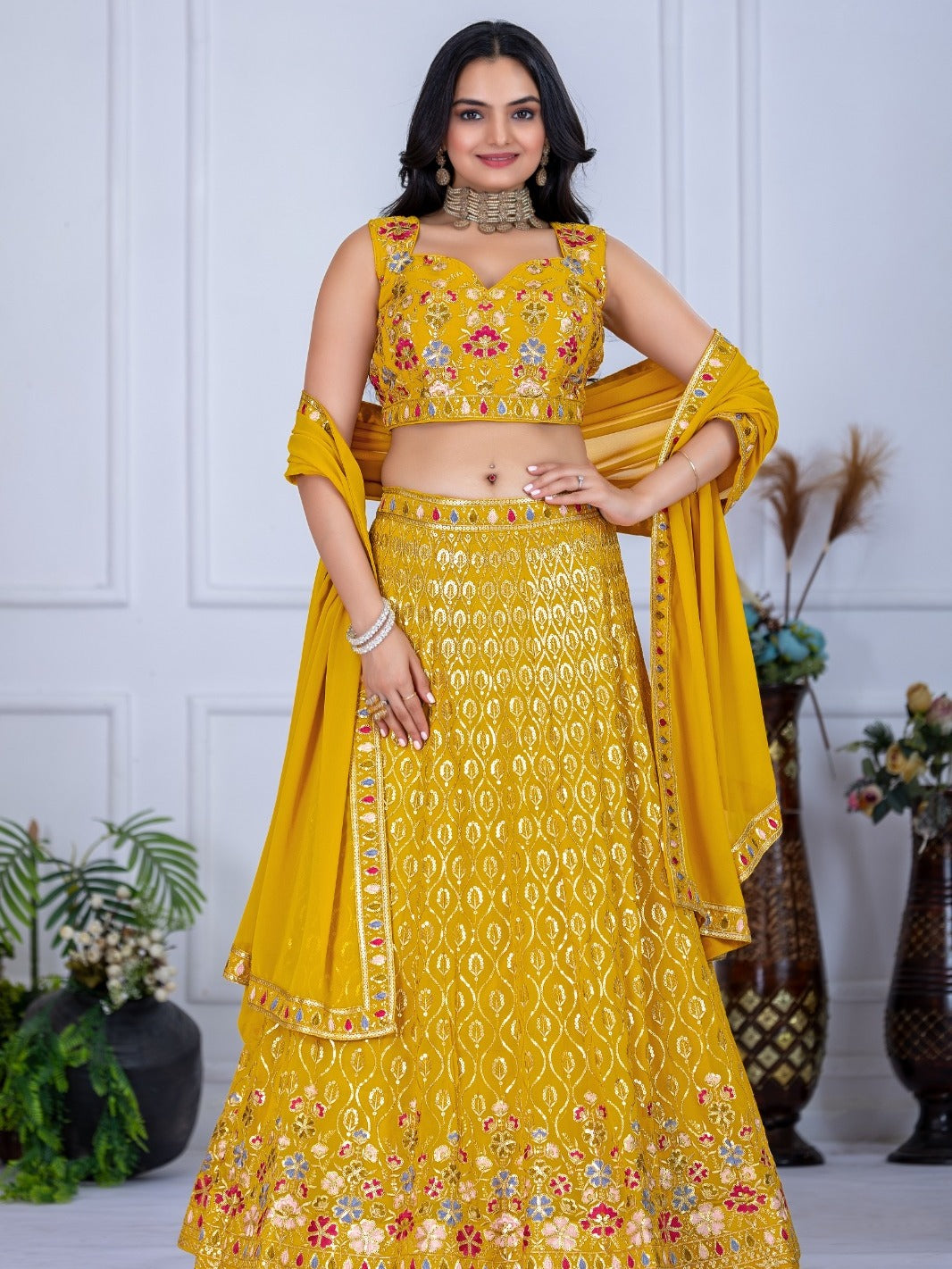 Monteliv Fox Georgette Semi-Stitched Lehenga Choli Set – Yellow