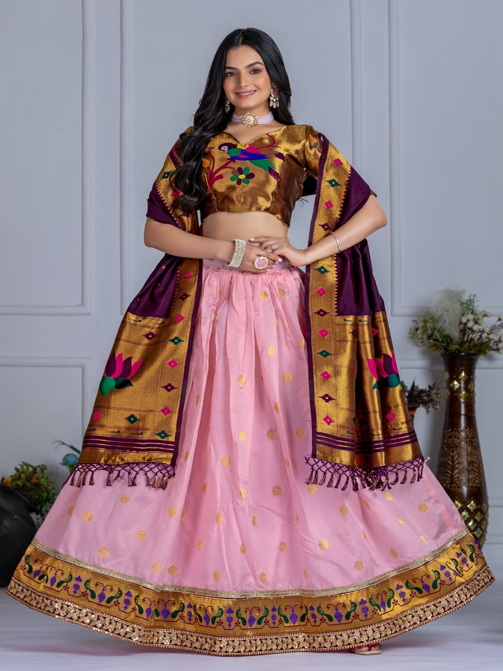 MonteliV Jacquard Lichi Silk Stitched Lehenga – Pink