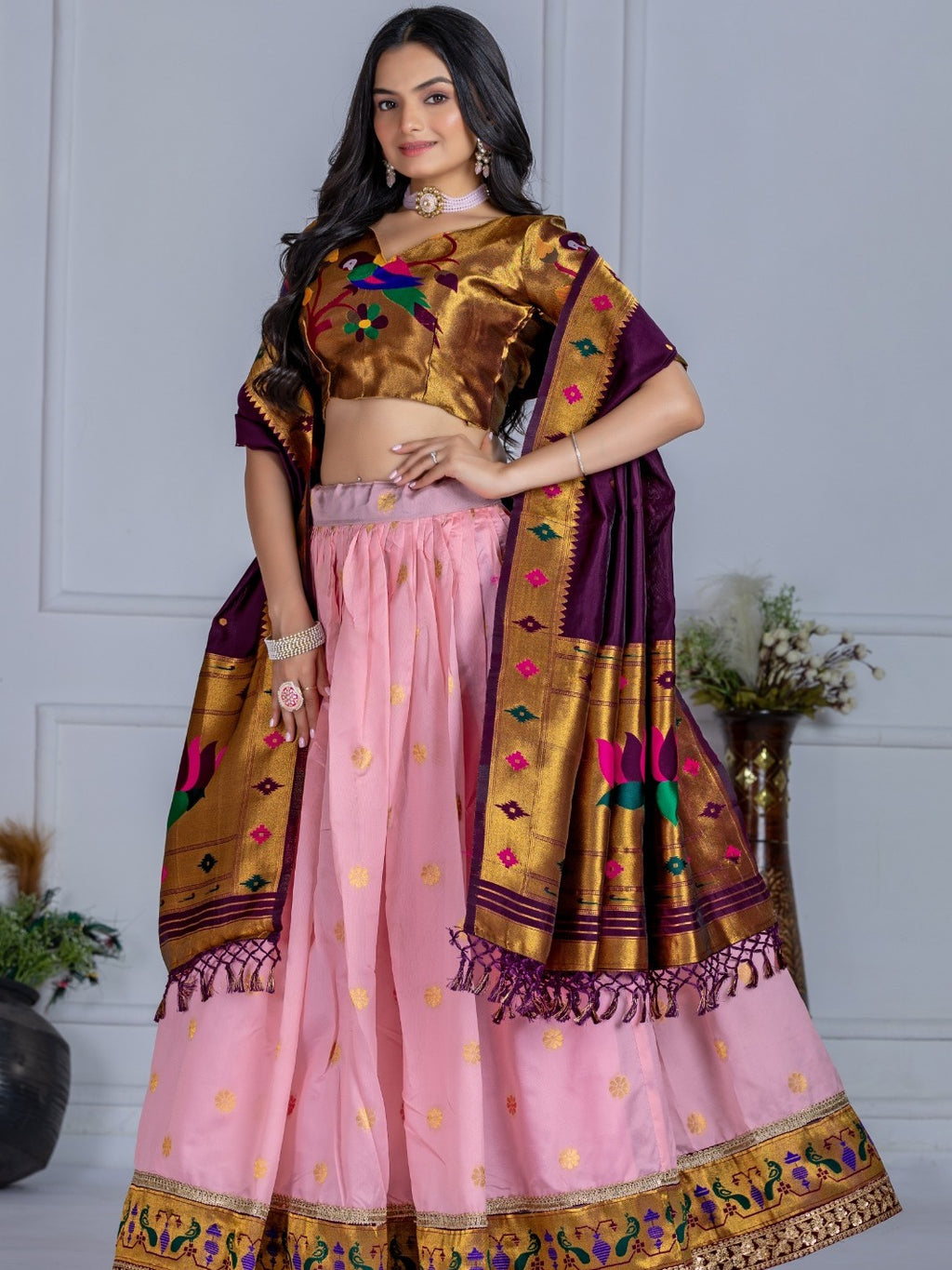 MonteliV Jacquard Lichi Silk Stitched Lehenga – Pink