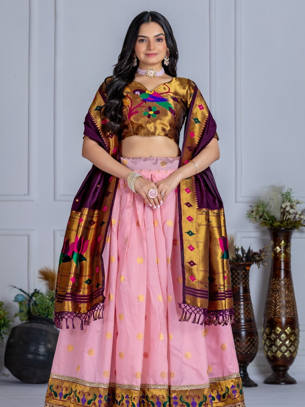 MonteliV Jacquard Lichi Silk Stitched Lehenga – Pink