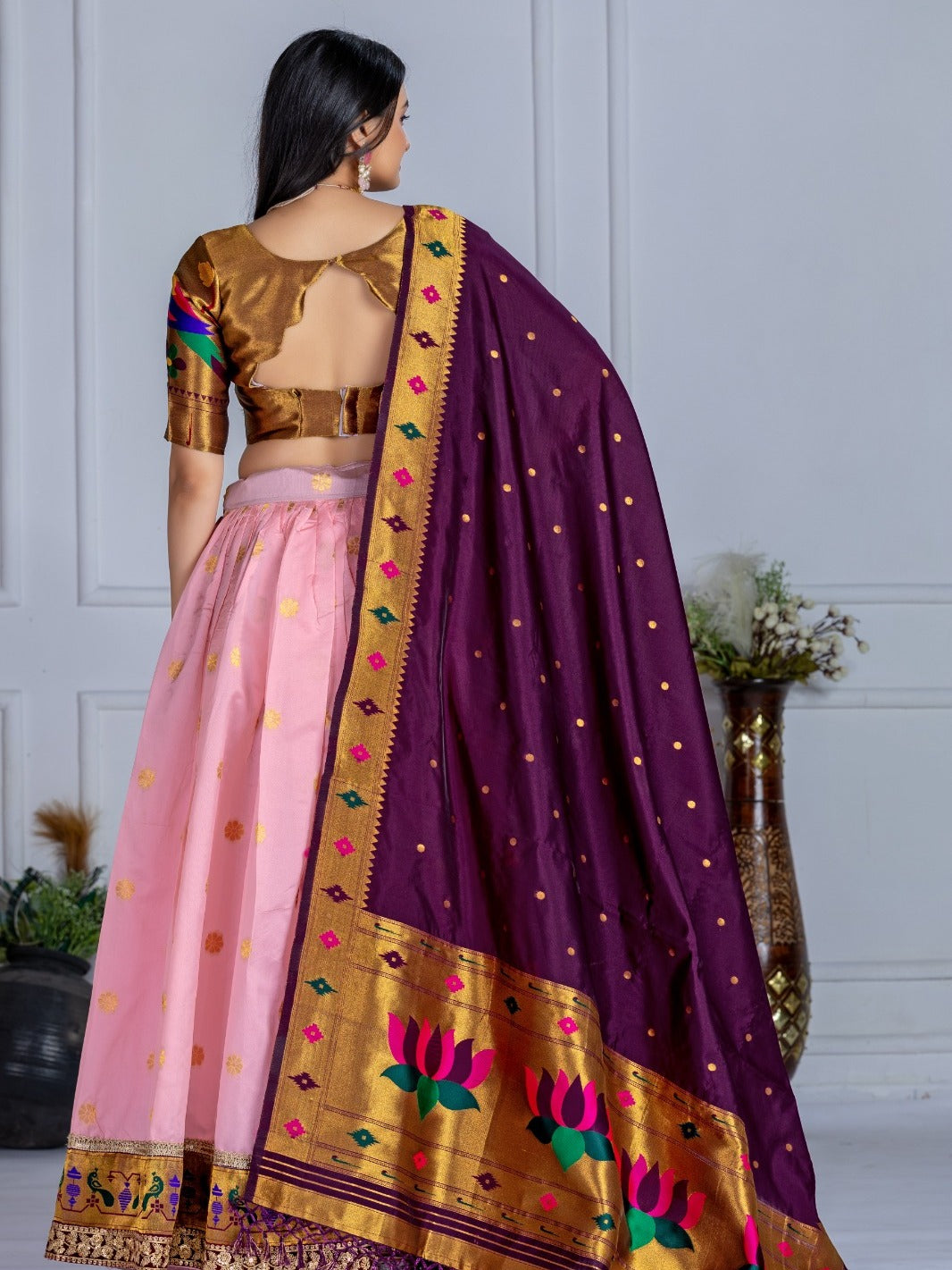MonteliV Jacquard Lichi Silk Stitched Lehenga – Pink