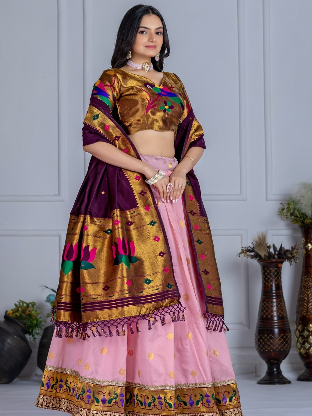 MonteliV Jacquard Lichi Silk Stitched Lehenga – Pink