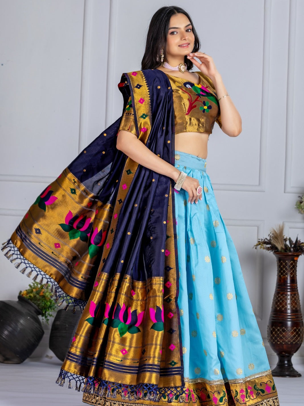 MonteliV Jacquard Lichi Silk Stitched Lehenga – Sky Blue