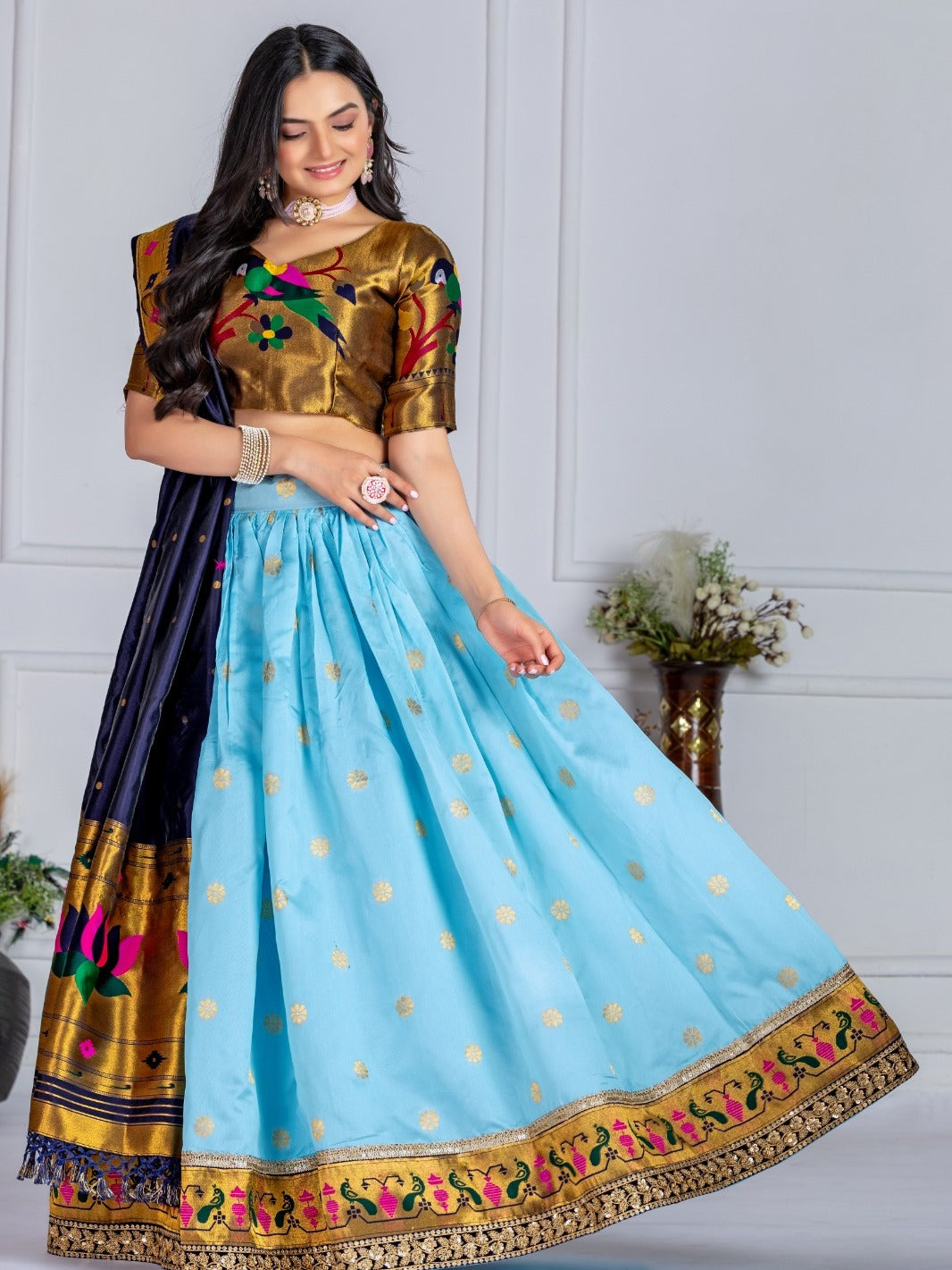 MonteliV Jacquard Lichi Silk Stitched Lehenga – Sky Blue