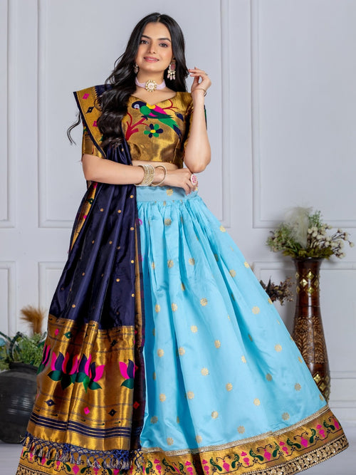MonteliV Jacquard Lichi Silk Stitched Lehenga – Sky Blue